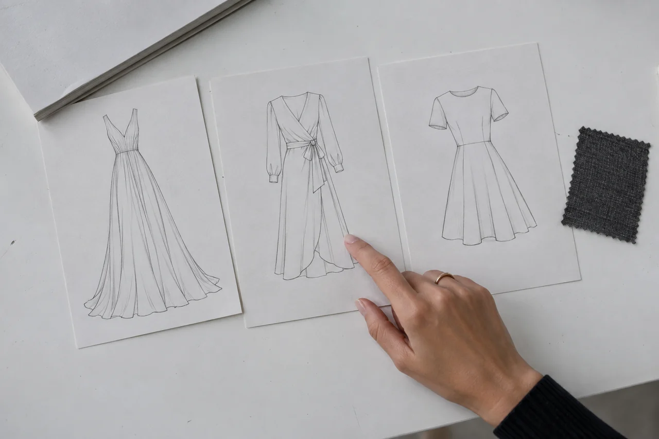 A hand choosing between three illustrated dress silhouettes