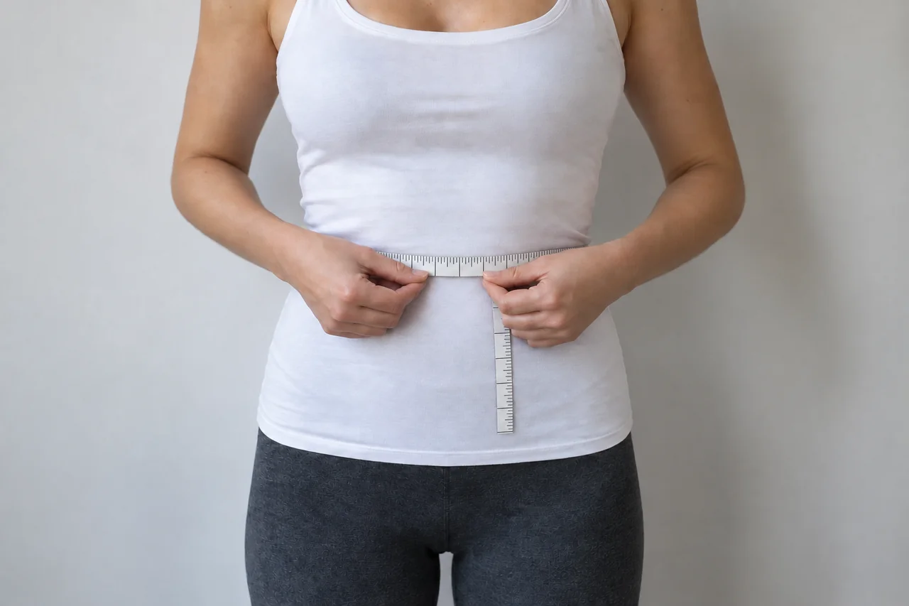 A woman holding a measuring tape level around her waist